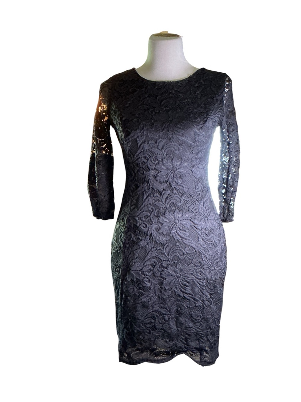 attention Black Floral Lace Midi Dress with Three-Quarter Sleeves